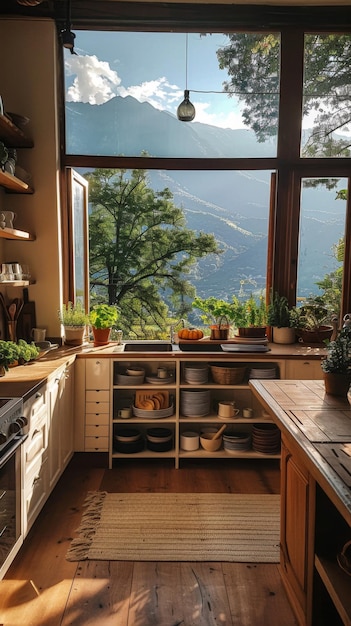 Cocina con vistas a las montañas