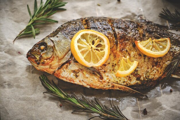 Cocinado en papel pergamino pescado al horno con especias limón y romero