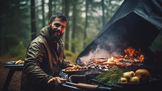 Cocinando en el bosque al aire libre hombre cocinando pescado al fuego