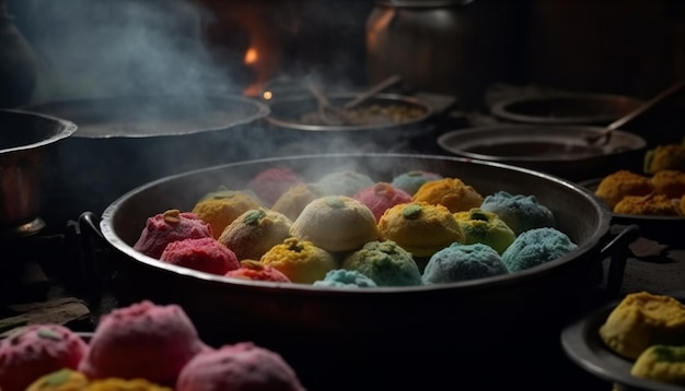 Foto se está cocinando una olla de comida en una estufa de la que sale humo.