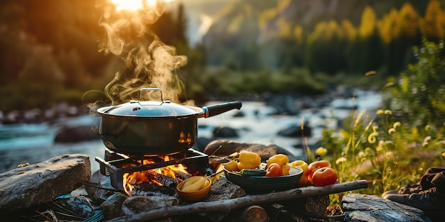 Cocinando sobre un fuego abierto junto a un río rodeado de naturaleza al atardecer
