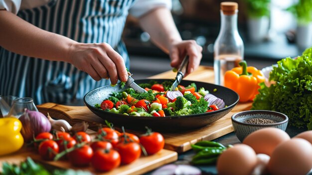 Foto cocinando verduras frescas en una mesa de madera