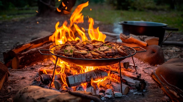 Cocinar al aire libre junto a la fogata para comer en la parrilla de fuego en el patio trasero IA generativa