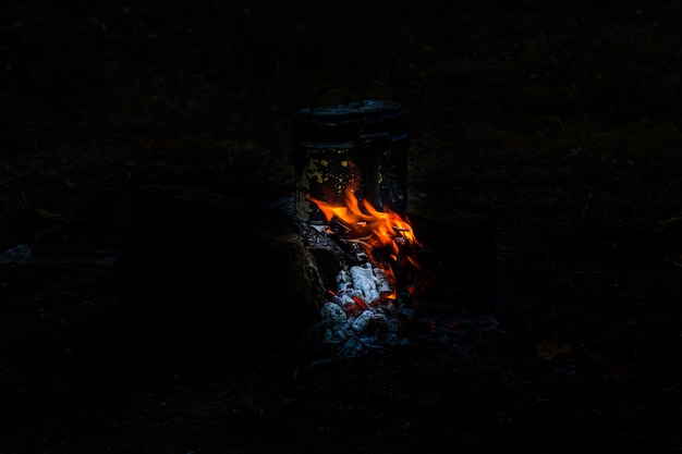 Foto cocinar los alimentos en una tetera en la hoguera en el bosque