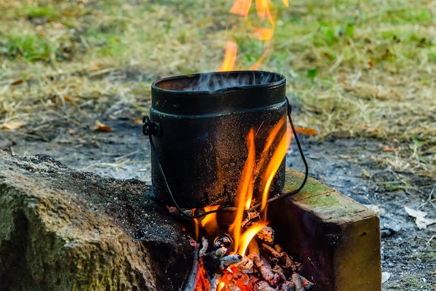 Cocinar los alimentos en una tetera en la hoguera en el bosque