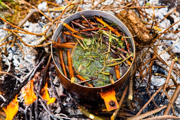 Cocinar bebida de té al fuego en la naturaleza