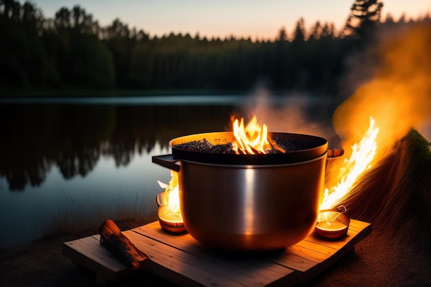 Cocinar en caldero a fuego abierto en la naturaleza Bowler en hoguera en el bosque