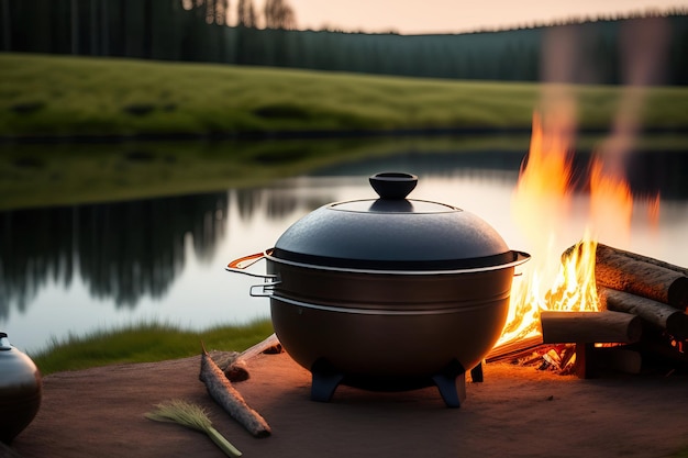 Cocinar en caldero sobre fuego abierto en la naturaleza Bowler en la hoguera en el bosque