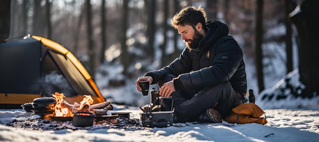 Foto cocinar en el campamento de tienda de invierno en bosques de nieve supervivencia y acampar en el desierto de invierno