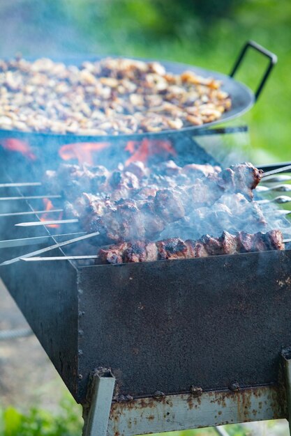 Cocinar carne al fuego de la barbacoa de cerca