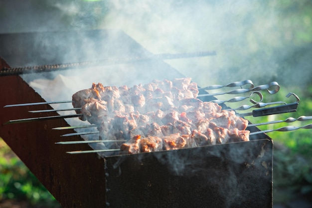 Cocinar carne al fuego de la barbacoa