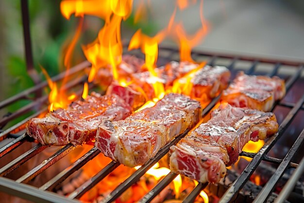 Cocinar carne en las brasas en la parrilla