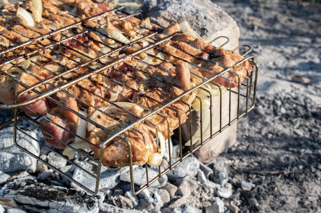 Cocinar carne sobre ladrillos en la naturaleza