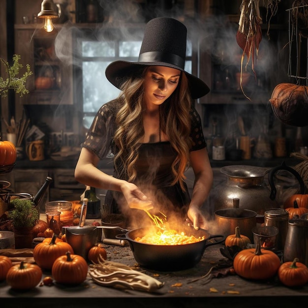 Foto cocinar en la cocina de la bruja de halloween