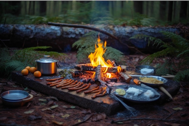 Cocinar comida al fuego en el bosque Concepto de camping