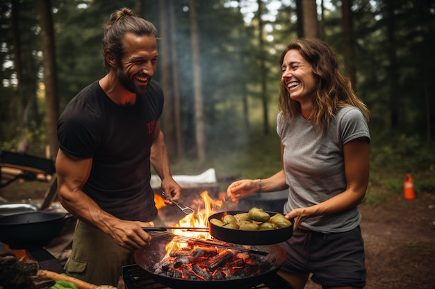 Cocinar comida mientras acampamos y bromeamos juntos.