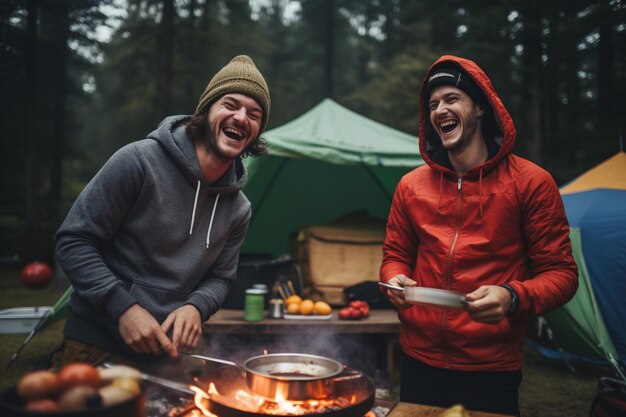 Cocinar comida mientras acampamos y bromeamos juntos.