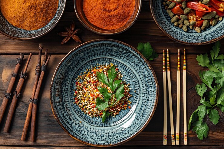 Cocinar especias y hierbas dispuestas en una mesa de madera con palillos y cuencos llenos de colores