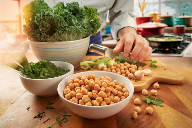 Cocinar con ingredientes de col y garbanzos en la mesa