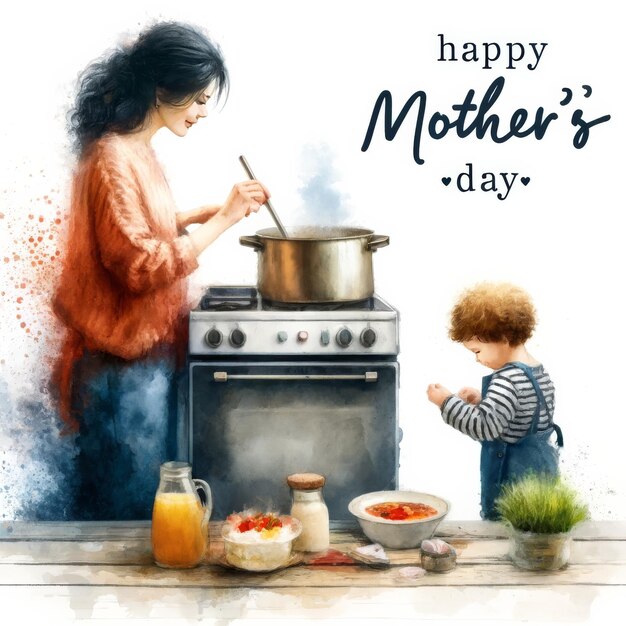 Foto cocinar con la madre escena artística de la cocina de la madre y el hijo