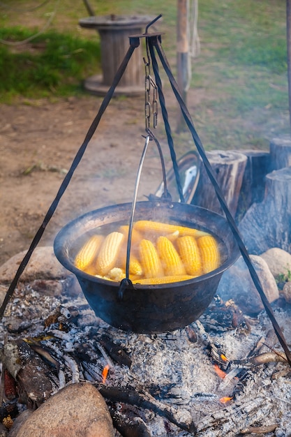 Cocinar la olla de camping con mazorcas de maíz en agua hirviendo sobre una fogata.