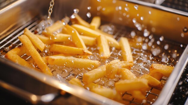 Cocinar patatas fritas en la freidora fritas crujientes concepto de comida chatarra