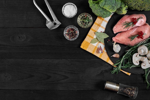 Cocinar pechugas de pollo Sobre la mesa hay especias romero pimienta roja y negra champiñones brócoli Concepto comida saludable Sobre un fondo de madera negra Vista superior con espacio para copiar Bodegón Plano