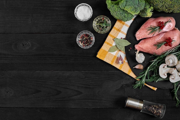 Cocinar pechugas de pollo Sobre la mesa hay especias romero pimienta roja y negra champiñones brócoli Concepto comida saludable Sobre un fondo de madera negra Vista superior con espacio para copiar Bodegón Plano