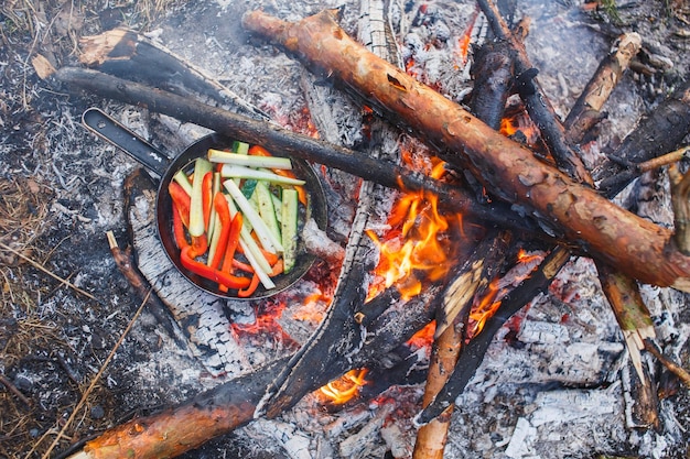 Cocinar platos de pimientos rojos y pepinos en una sartén al fuego