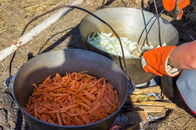 Cocinar plov en el caldero. Sólo la carne en el caldero.