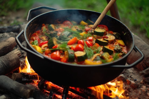 Foto cocinar ratatouille con una olla de campamento sobre fuego abierto creado con ai generativo