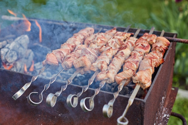 Cocinar shashlik en el mangal