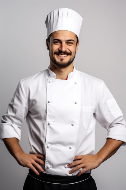 Cocinar sonrisa foto muy detallada por encima de la cintura fondo blanco.