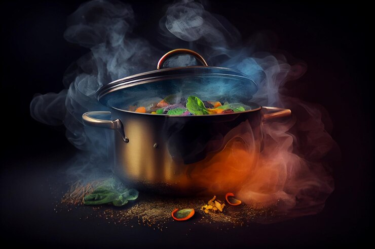Cocinar sopa en la olla con fuego y humo sobre fondo oscuro generativo ai