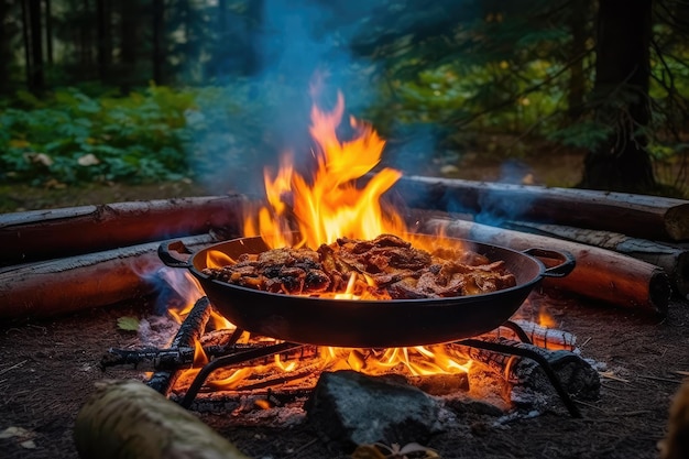 cocinar usando una fogata en la naturaleza fotografía profesional Generado por IA