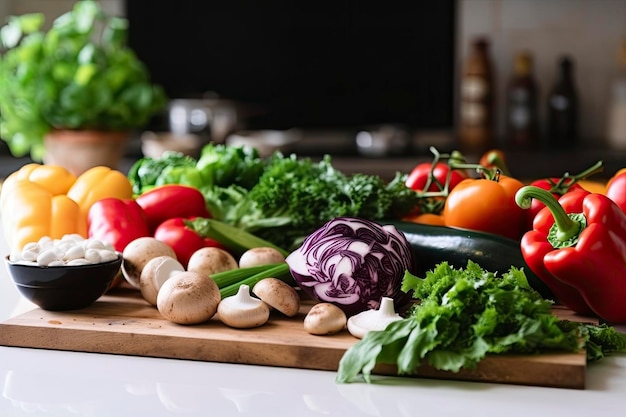 Para cocinar verduras frescas ensalada verde pimientos, champiñones y berenjenas