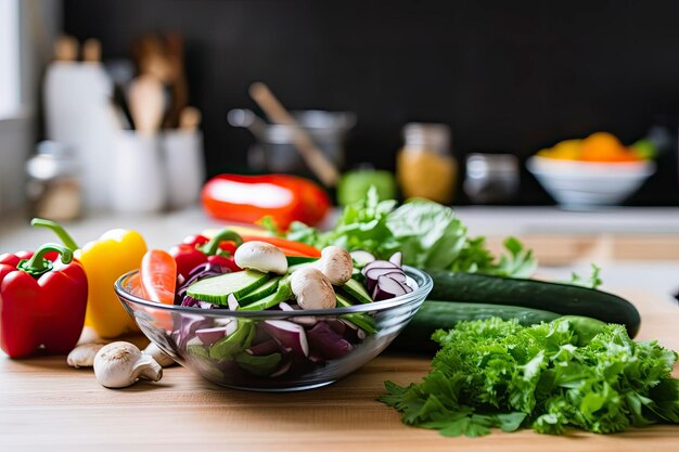 Foto para cocinar verduras frescas ensalada verde pimientos, champiñones y berenjenas