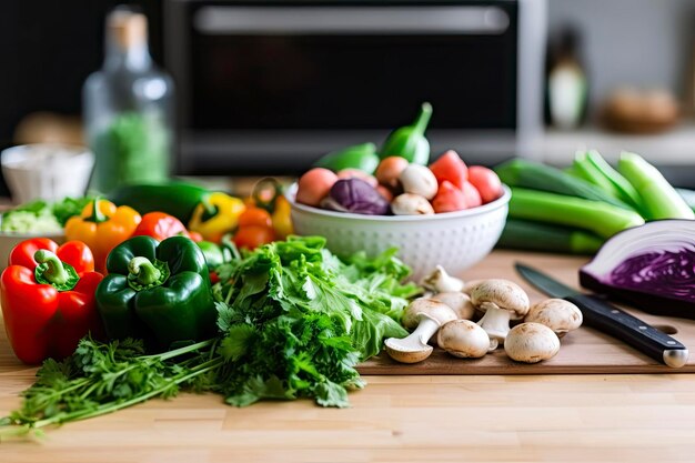 Para cocinar verduras frescas ensalada verde pimientos, champiñones y berenjenas