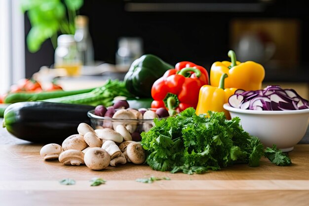 Foto para cocinar verduras frescas, pimientos verdes para ensalada, setas y berenjena