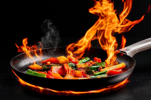 Cocinar verduras vibrantes en una sartén ardiente crea una exhibición culinaria artística