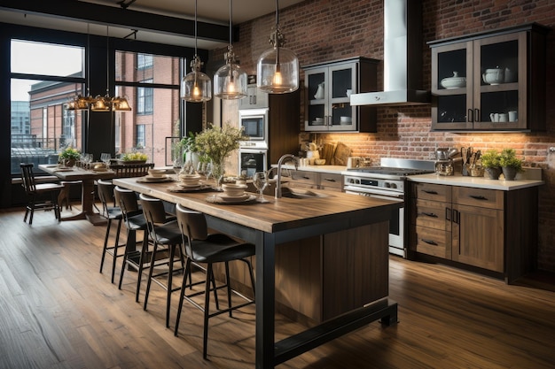 Cocinas de apartamentos con paredes decorativas de ladrillo. Fotografía publicitaria profesional.