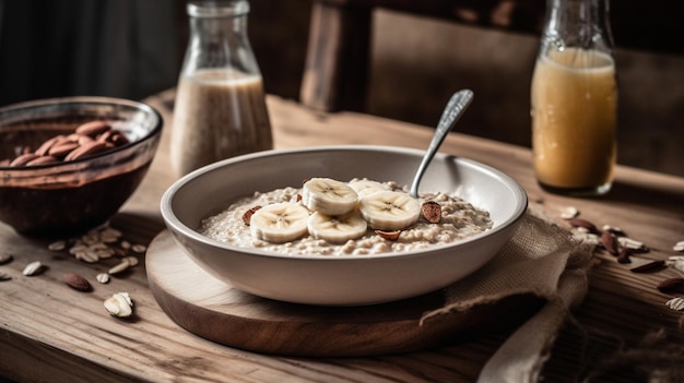 Cocine avena a la antigua con leche de almendras y cúbrala con rodajas de plátano Imagen AI generativa