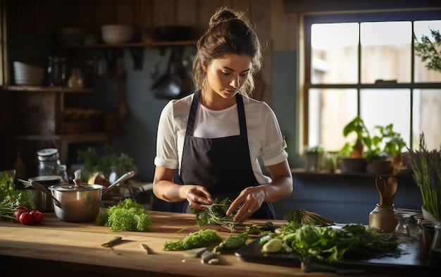 Cocinera artesanal de la granja a la cocina de la mesa