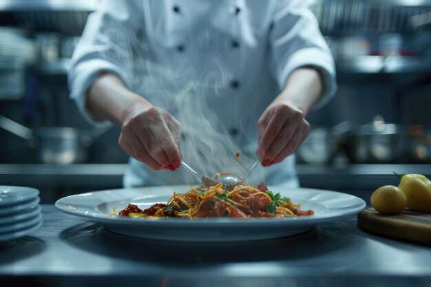 Foto cocinera femenina en la cocina de un hotel o restaurante cocinando sólo con las manos. está terminando un plato en el plato.