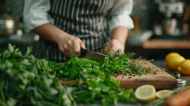 Foto cocinera que corta verduras y verduras en una cocina prepara una comida saludable una cena vegetariana