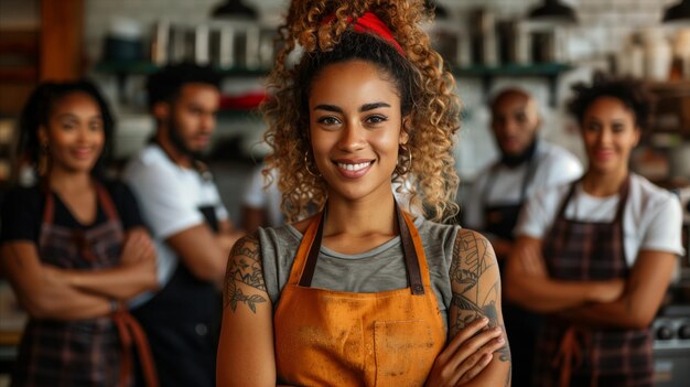 Cocinera segura con personal en un restaurante moderno