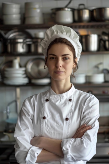 Cocinera segura en sí misma en una cocina comercial