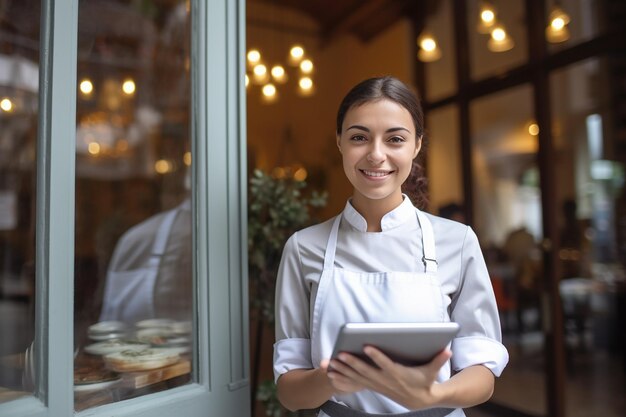 una cocinera con una tableta frente a una ventana.