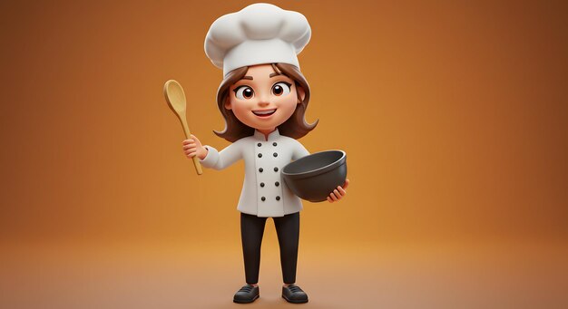 Cocinera en un uniforme blanco sosteniendo un utensilio de cocina personaje de dibujos animados 3D AI Generar