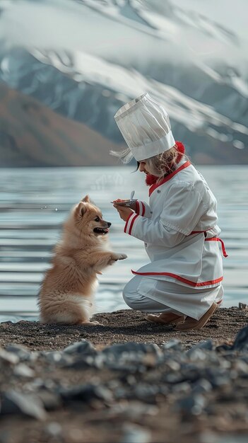 Un cocinero alimenta a un perrito en la orilla de un lago